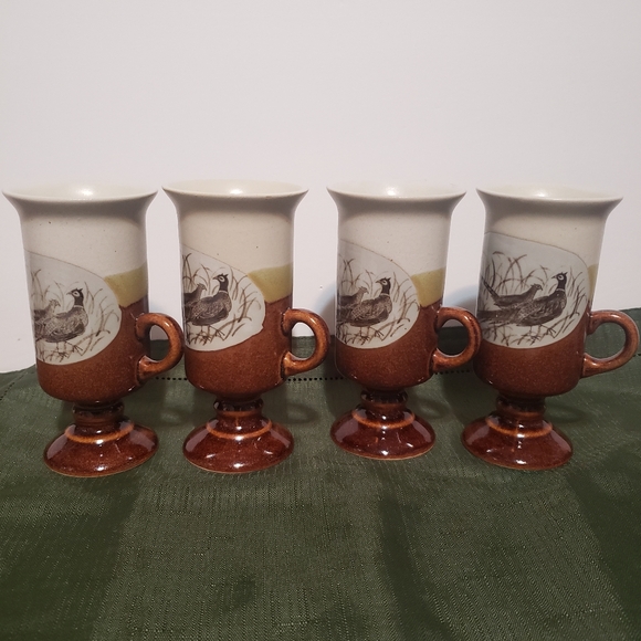 OTAGIRI Pheasants Pedestal Irish Coffee Footed Mugs 6 oz Vintage set of 4 - Picture 1 of 10